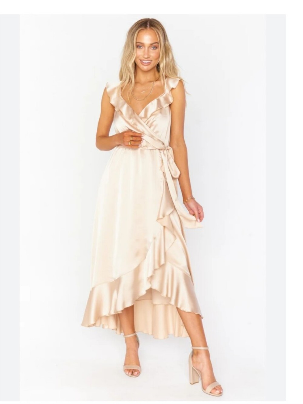 Show Me Your Mumu Satin Ruffle Wrap Cream Dress Size M